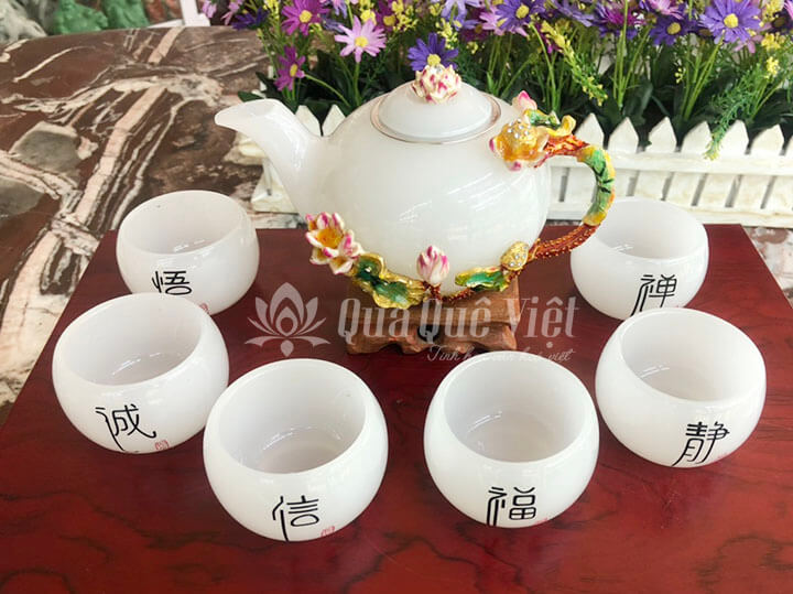 Bộ Ấm Chén Bạch Ngọc Hoa Sen Quà Tặng Cao Cấp
