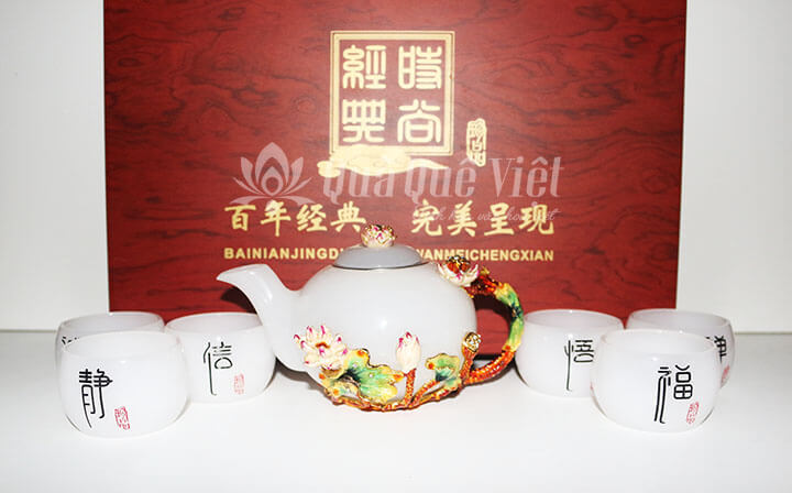 Bộ Ấm Chén Bạch Ngọc Hoa Sen Quà Tặng Cao Cấp