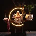 Kệ Trang Trí Đèn Led, Tháp Trầm Hương Vòng Tròn Hào Quang Kèm Tượng Di Lặc