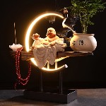 Kệ Trang Trí Đèn Led, Tháp Trầm Hương Vòng Tròn Hào Quang Kèm Tượng Di Lặc