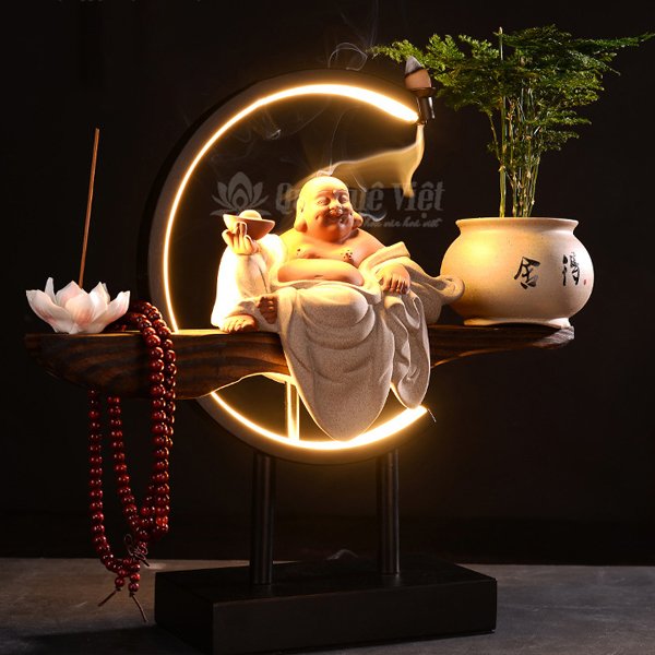 Kệ Trang Trí Đèn Led, Tháp Trầm Hương Vòng Tròn Hào Quang Kèm Tượng Di Lặc