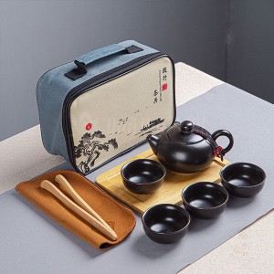 Bộ Ấm Chén Trà Gốm Sứ Có Túi Sách, Màu Đen, 1 Ấm 4 Chén Kèm Khay