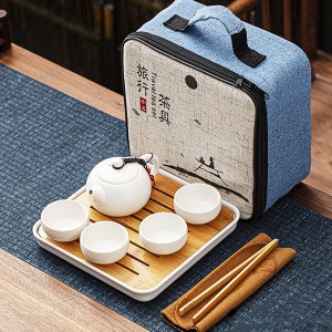 Bộ Ấm Chén Trà Gốm Sứ Có Túi Sách, Màu Trắng, 1 Ấm 4 Chén Kèm Khay