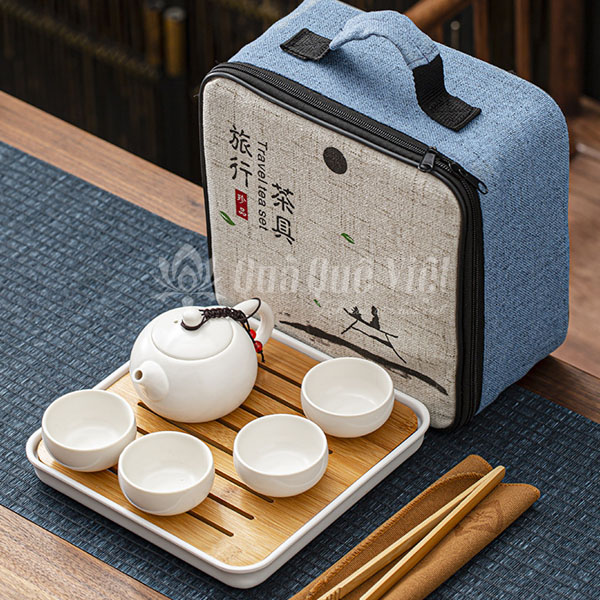 Bộ Ấm Trà Du Lịch Ngoài Trời Gốm Sứ 1 Ấm 4 Chén Xanh Ngọc