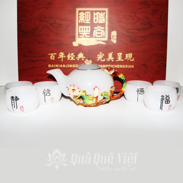 Bộ Ấm Chén Bạch Ngọc Hoa Sen Quà Tặng Cao Cấp