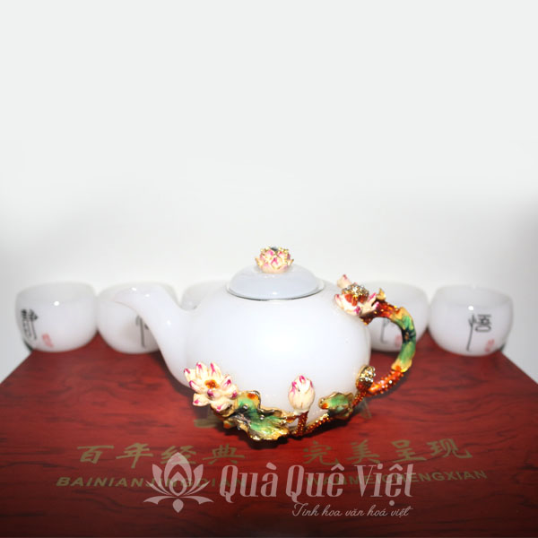 Bộ Ấm Chén Bạch Ngọc Hoa Sen Quà Tặng Cao Cấp