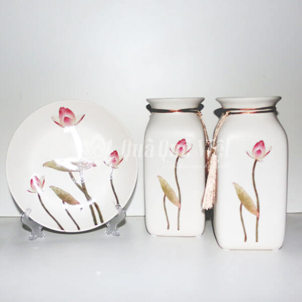 Bộ 3 Bình Đĩa Gốm Sứ Hoa Sen