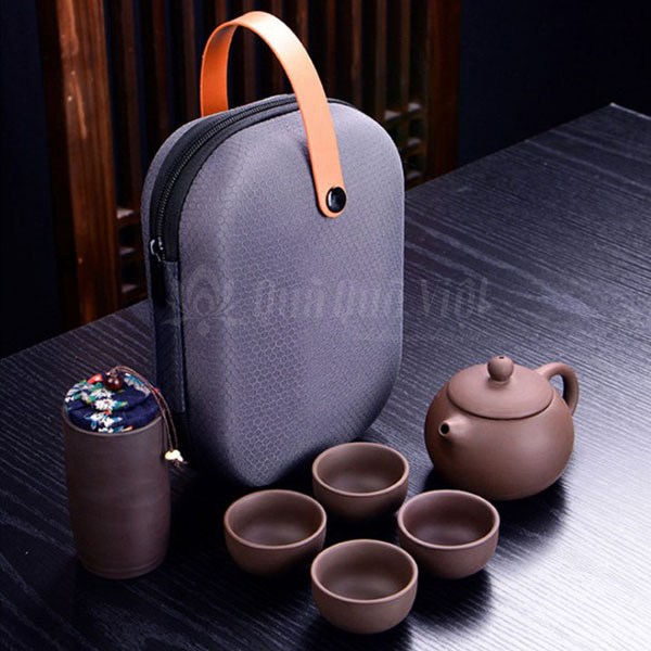 Bộ Ấm Trà Du Lịch Zisha Cầm Tay 1 Ấm 4 Chén Kèm Hủ Chứa Trà Tím Gốm Sứ