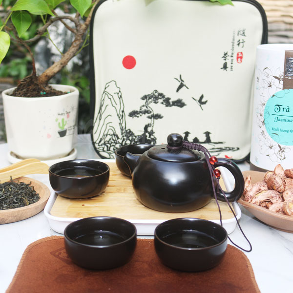 Bộ Ấm Chén Trà Gốm Sứ Có Túi Sách, Màu Đen, 1 Ấm 4 Chén Kèm Khay