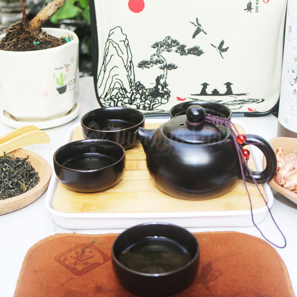 Bộ Ấm Chén Trà Gốm Sứ Có Túi Sách, Màu Đen, 1 Ấm 4 Chén Kèm Khay