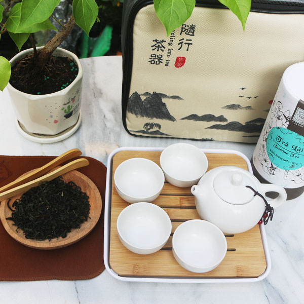 Bộ Ấm Chén Trà Gốm Sứ Có Túi Sách, Màu Trắng, 1 Ấm 4 Chén Kèm Khay