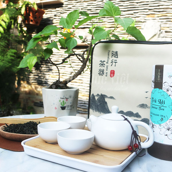 Bộ Ấm Chén Trà Gốm Sứ Có Túi Sách, Màu Trắng, 1 Ấm 4 Chén Kèm Khay