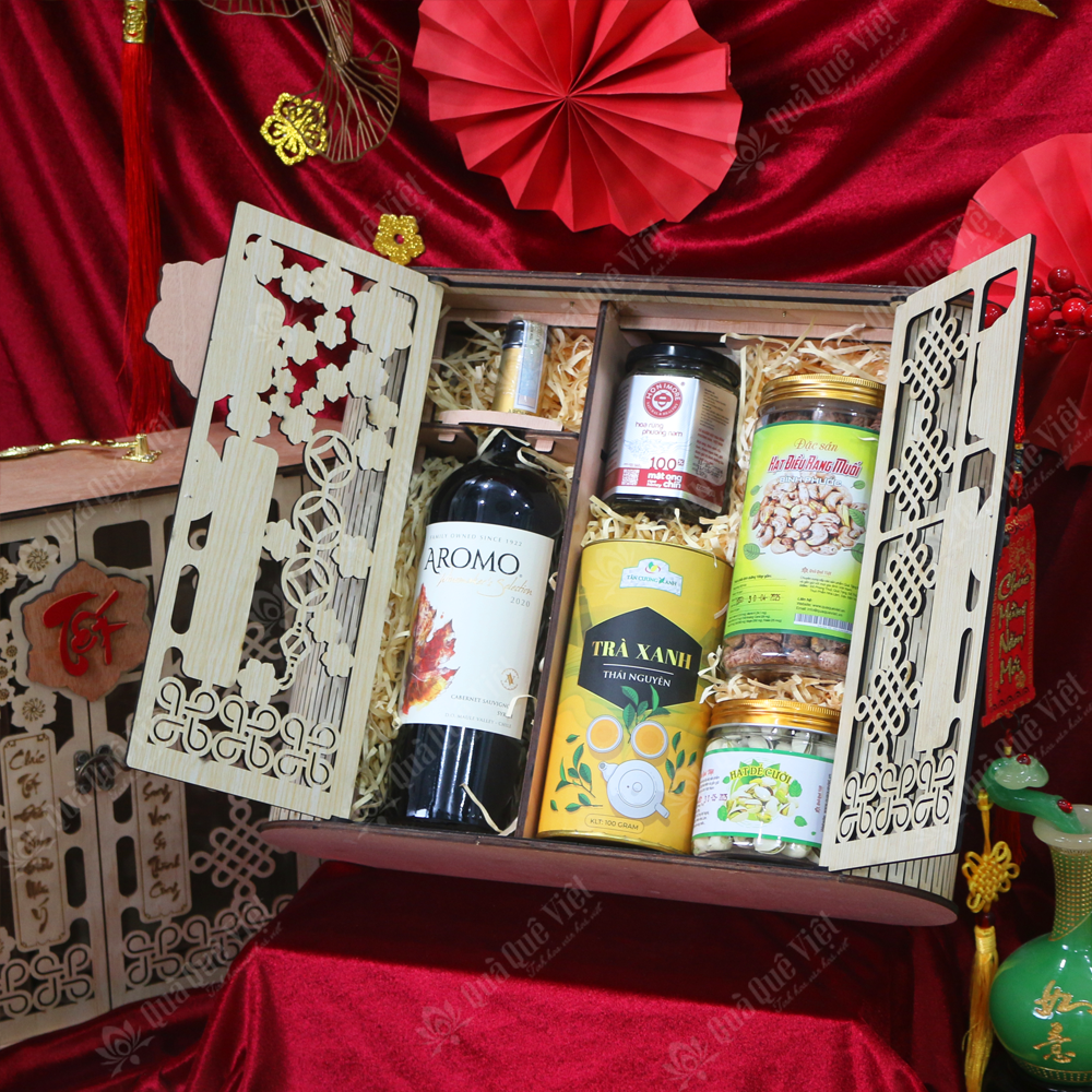 Hộp Quà Tết Cao Cấp - Hộp Gỗ Sét Quà 5 Món - G1694