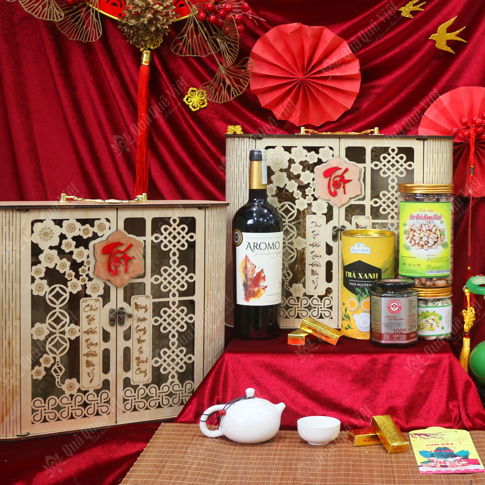 Hộp Quà Tết Cao Cấp - Hộp Gỗ Sét Quà 5 Món - G1694