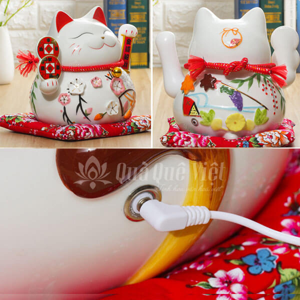 Mèo thần tài hoa đào tay cầm 2 đồng tiền cổ, Tiền vào như nước