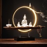 Thác Khói Trầm Hương, Tượng Phật Ngồi Trên Đế Gỗ, Vòng Tròn Chiếu Sáng Bằng Đèn Led