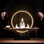 Thác Khói Trầm Hương, Tượng Phật Ngồi Trên Đế Gỗ, Vòng Tròn Chiếu Sáng Bằng Đèn Led
