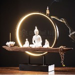 Thác Khói Trầm Hương, Tượng Phật Ngồi Trên Đế Gỗ, Vòng Tròn Chiếu Sáng Bằng Đèn Led