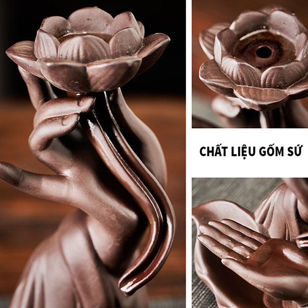 Thác Khói Trầm Hương Chảy Ngược Trên Bàn Tay Phật,  Có Vòng Đèn Led và Đế Sen Trắng