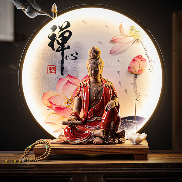 Thác Trầm Hương Đại Thế Chí Bồ Tát Có Vòng Tròn Led Kèm Đế Gỗ